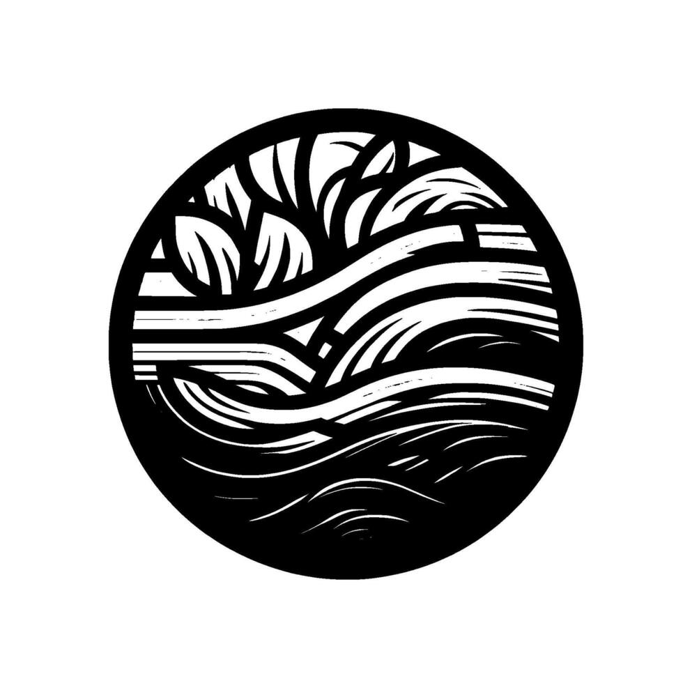 Abstract black and white circular depicting stylized nature, with leaves, waves, and layered textures. vector