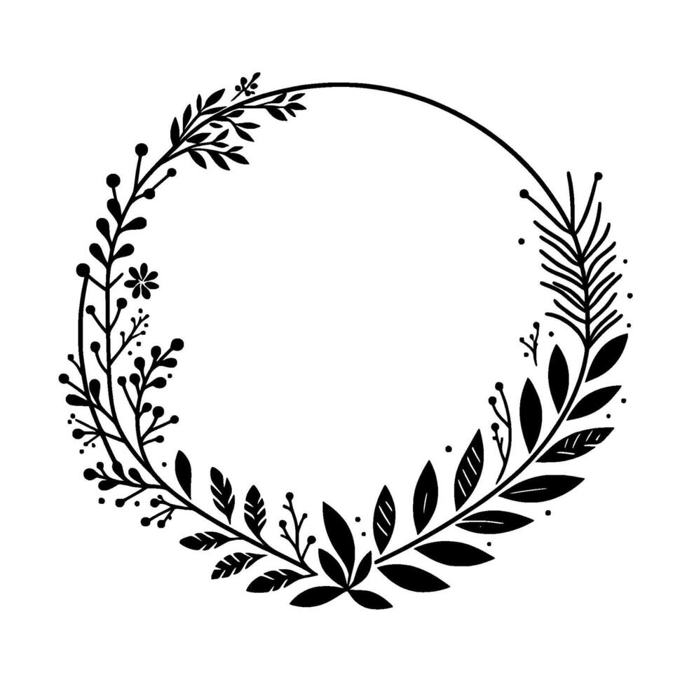 Elegant monochrome botanical wreath with diverse leaf and floral elements framing a central empty circle, perfect for design. vector