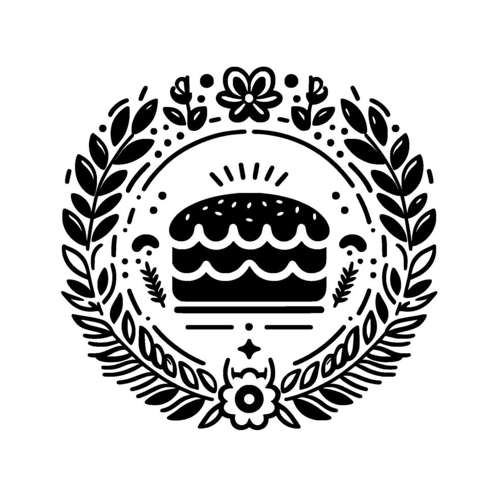 Ornate black and white circular featuring a stylized cake encircled by floral and leaf elements, creating a decorative emblem. vector