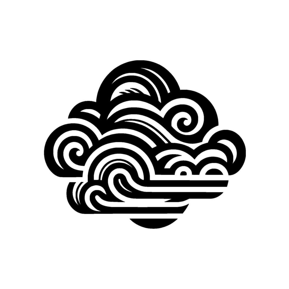 Bold black and white abstract cloud with swirling lines and organic shapes, minimalist artistic rendering. vector