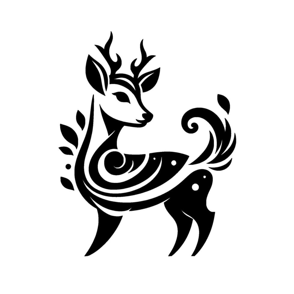 Stylized black and white deer silhouette with ornate antlers, decorative body patterns, and curly tail on white background. vector