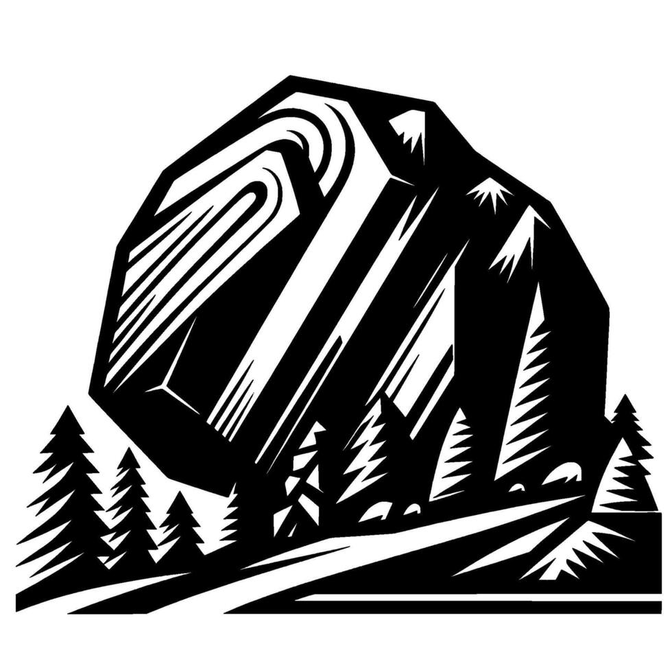 Bold black and white mountain landscape with stylized trees and abstract elements, geometric illustration. vector