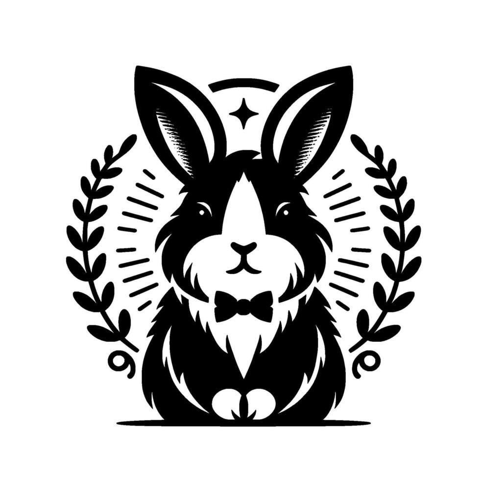 Sophisticated black and white illustration of a dapper bunny with a bowtie, surrounded by laurel wreaths and a star. vector