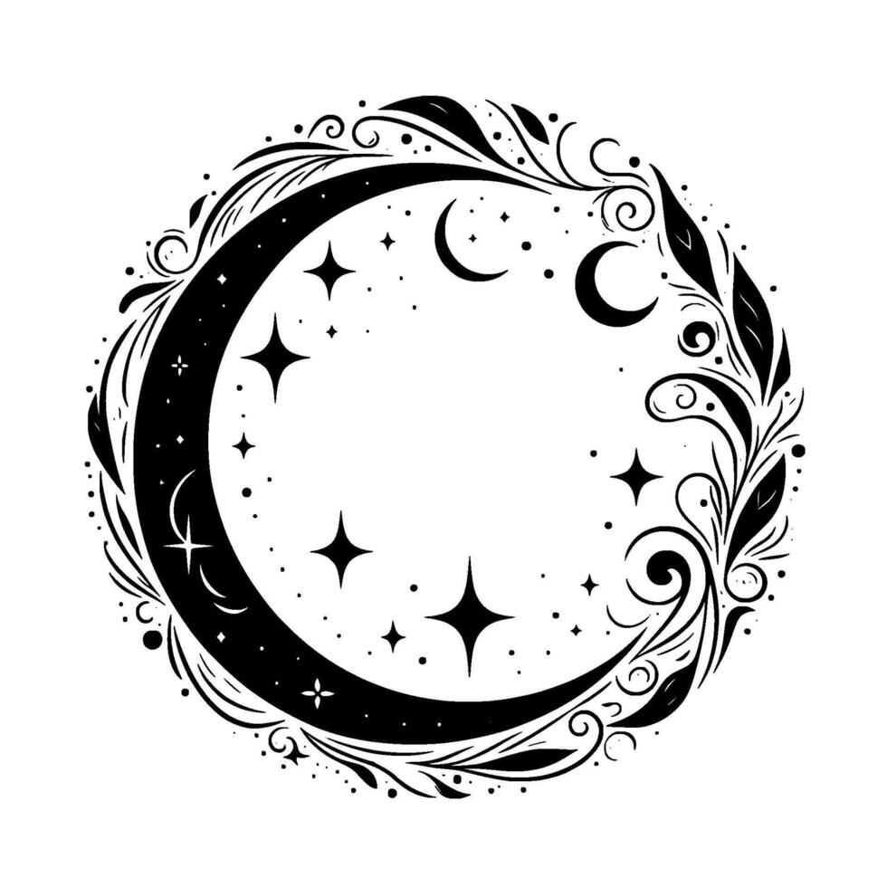 Intricate crescent moon and star mandala in black and white, framed by decorative floral elements, mystical celestial design. vector
