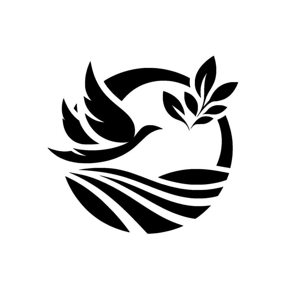 Symbolic black and white circular emblem depicting a dove in flight with an olive branch, above serene landscape. vector