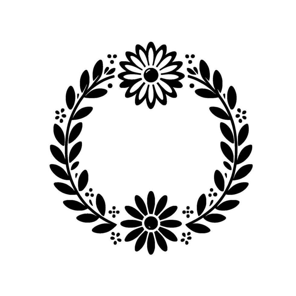Black and white symmetrical floral wreath with two daisies, leaves, and dot accents, perfect for elegant design. vector