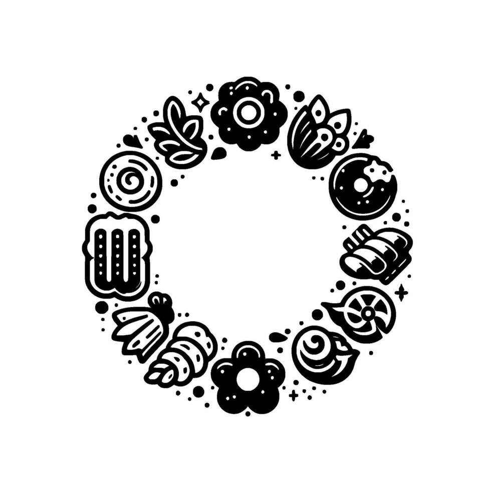 Circular black and white illustration featuring a wreath with food, flowers and other decorative elements on a white background. vector
