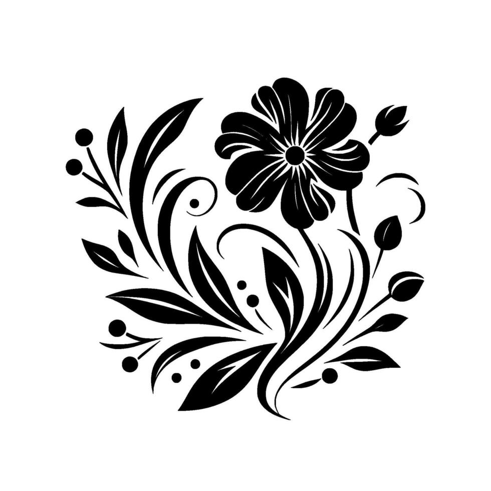A monochromatic floral of a prominent flower surrounded by elegant leaves, berries, and swirls, all rendered in bold black on a clean white backdrop. vector
