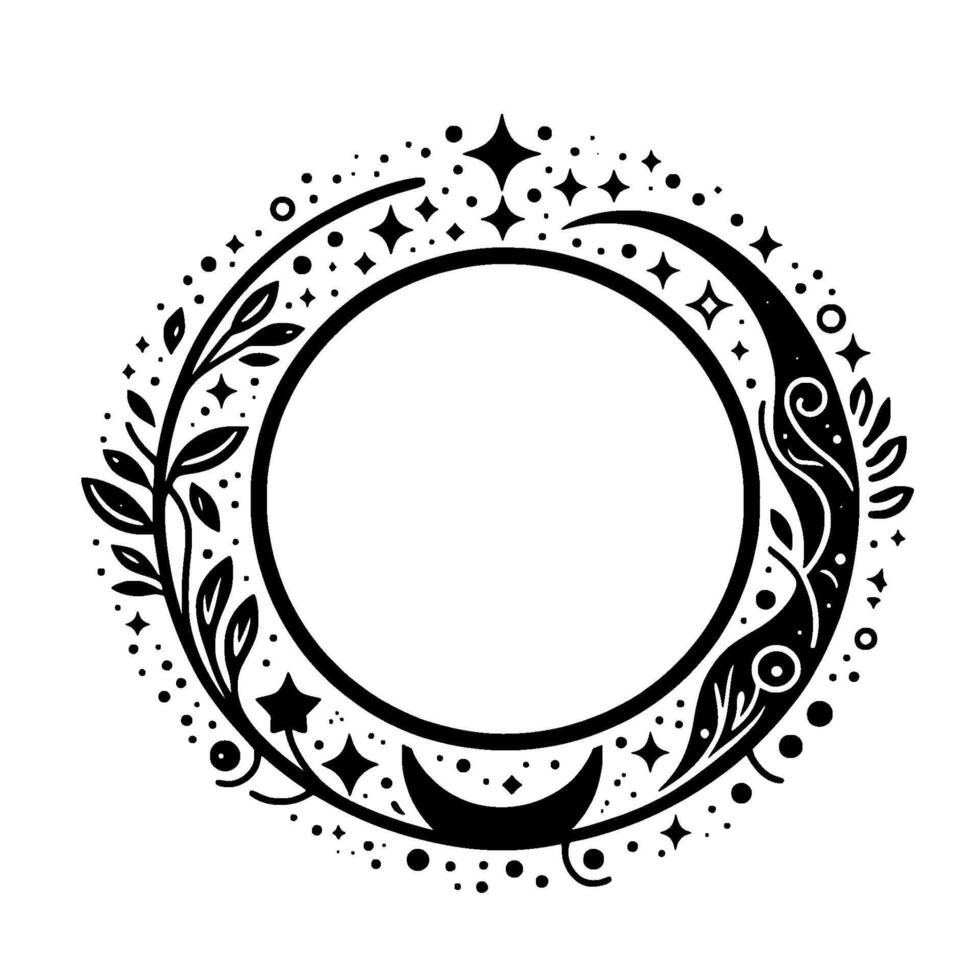 Circular black and white celestial frame with moons, stars, and floral elements. elegant, symmetrical design, perfect for decoration. vector