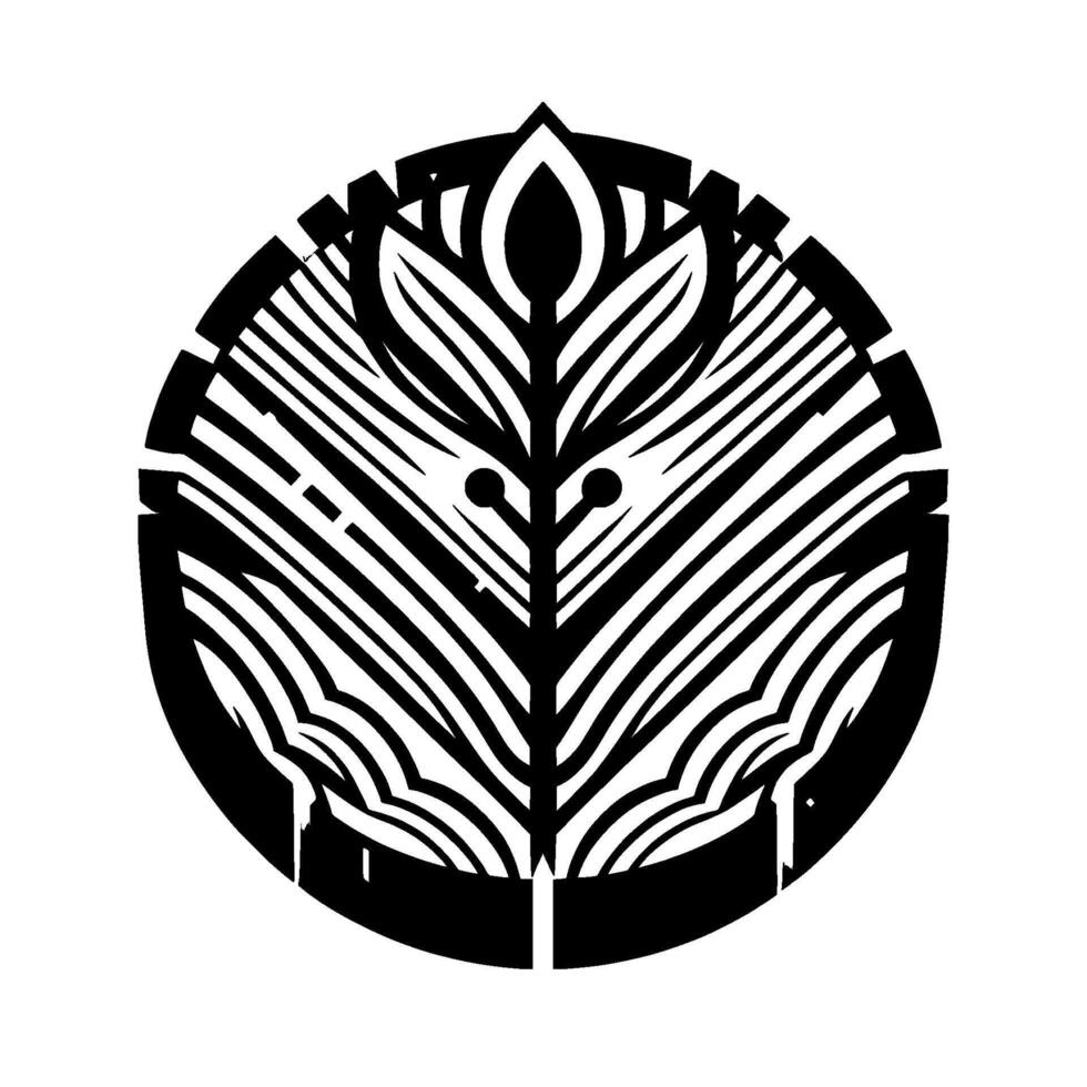 Stylized black and white botanical emblem in a circular frame, minimalist design, symmetrical leaf motif on a white background. vector