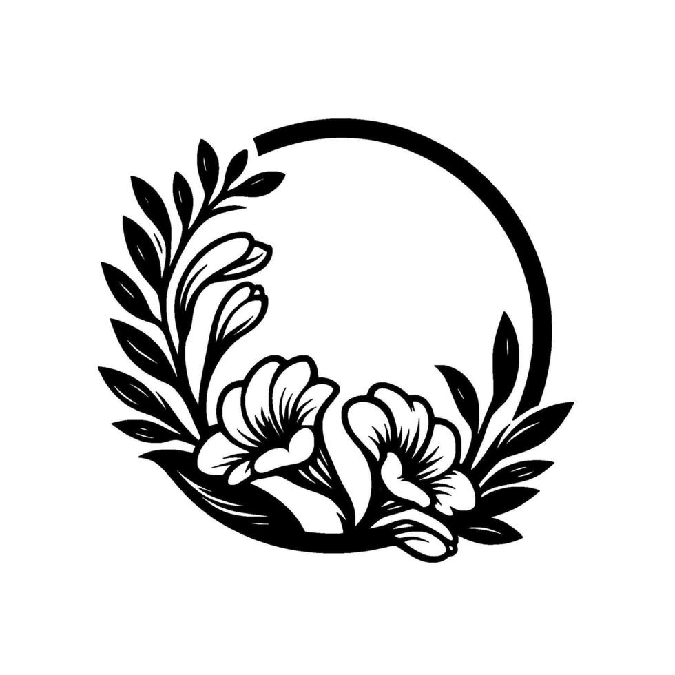 Monochromatic floral crest of stylized flowers and leaves framing an empty circle on a clean white background. vector