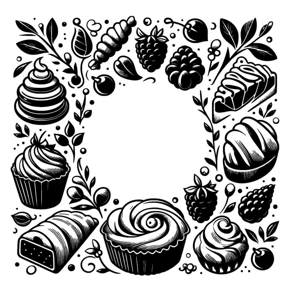 Elegant black and white dessert frame with cakes, cupcakes, berries, leaves, and floral elements for sweet creations vector