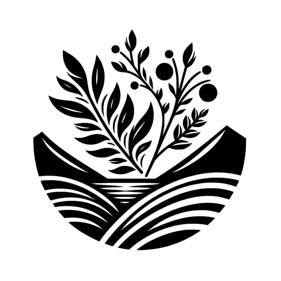 Black and white stylized illustration of a flourishing plant with fruit and leaves, nestled between two mountain forms, over a field. vector