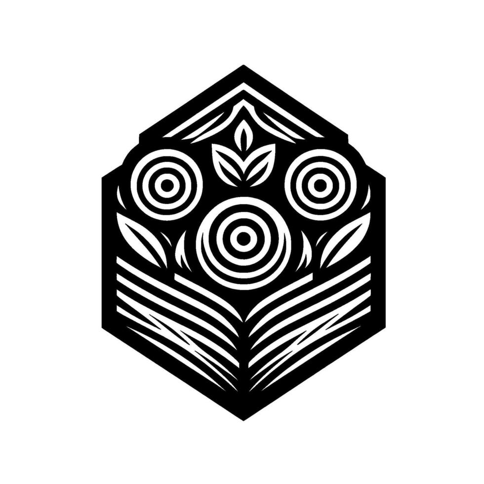 Geometric black and white floral emblem featuring concentric circle flowers and leaf accents within a hexagon shape. vector