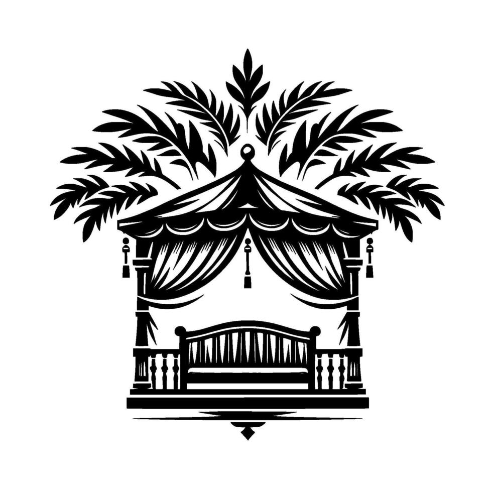 Elegant black and white gazebo silhouette illustration with palm fronds, draped curtains, and serene bench on a white backdrop. vector