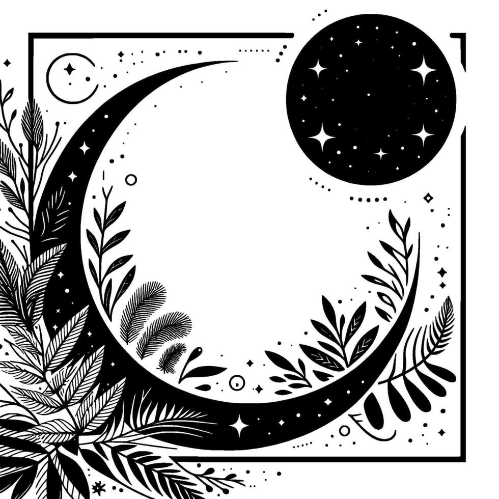 Intricate black and white celestial illustration featuring a crescent moon with botanical embellishments, stars, and a starry circle within a square frame. vector