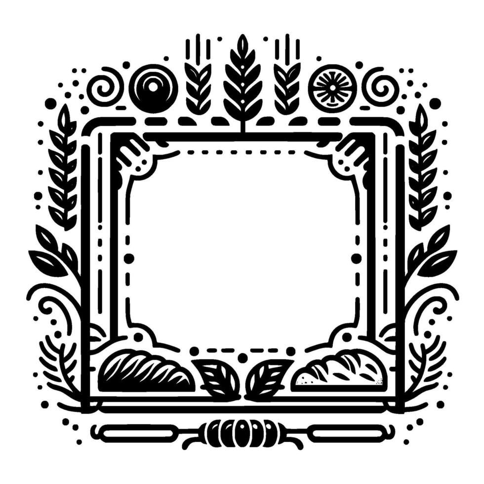 Minimalist black and white decorative border illustration with ornate frame, leafy elements, and a rustic, artsy aesthetic. vector