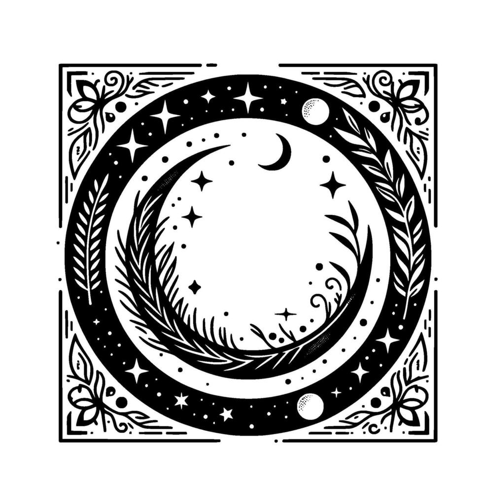 Circular celestial illustration of moon, stars, and foliage inside a decorative border in black and white vector