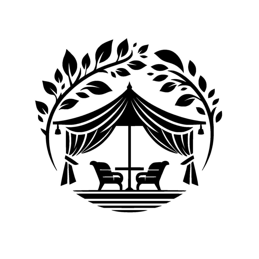 Elegant black and white logo gazebo with draped curtains, chairs, table, framed by leafy branches, for outdoor event or relaxation space. vector