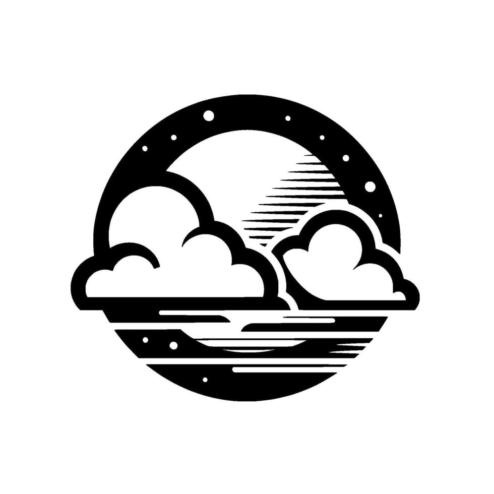 Monochrome circular composition cumulus clouds, sun, and sea in a minimalist, stylized design. vector