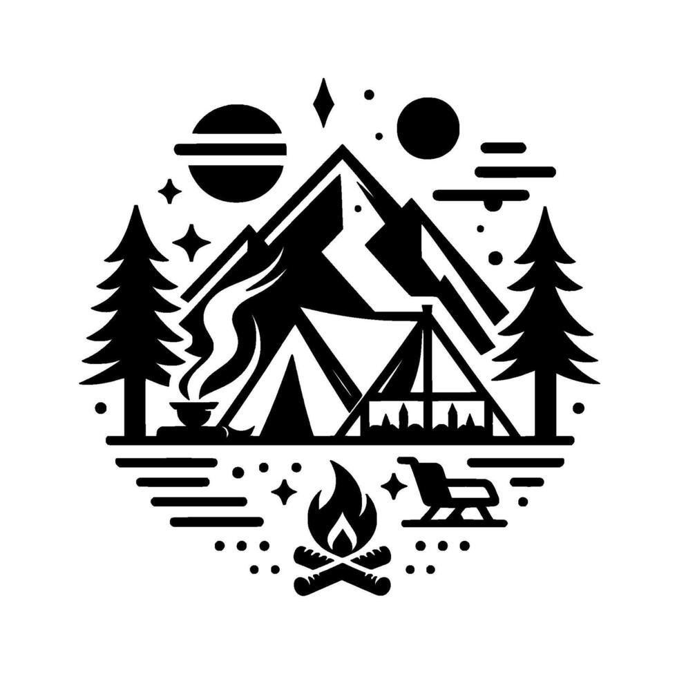 Camping adventure silhouette mountains, tent, fire, trees, stars, celestial bodies in art vector