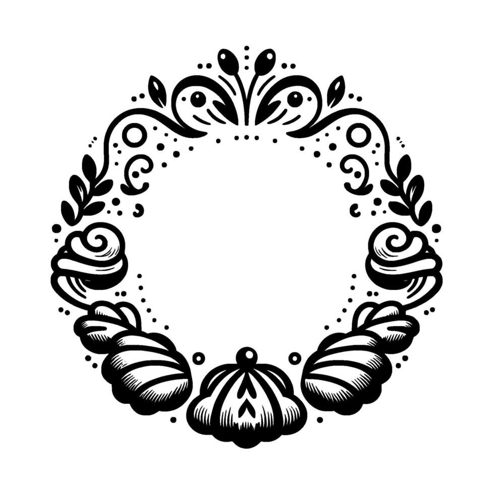 Intricate black and white ornamental floral wreath with leafy sprigs, swirls, and shelllike elements, circular frame design. vector