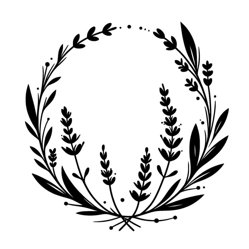Minimalist black and white circular wreath featuring lavender and leafy foliage, elegant and decorative design. vector