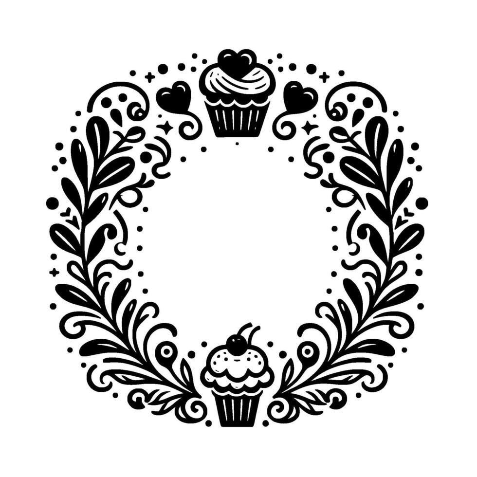 Whimsical black and white circular floral wreath with cupcakes, hearts, and stylized leaves, perfect for a greeting card or invitation design. vector