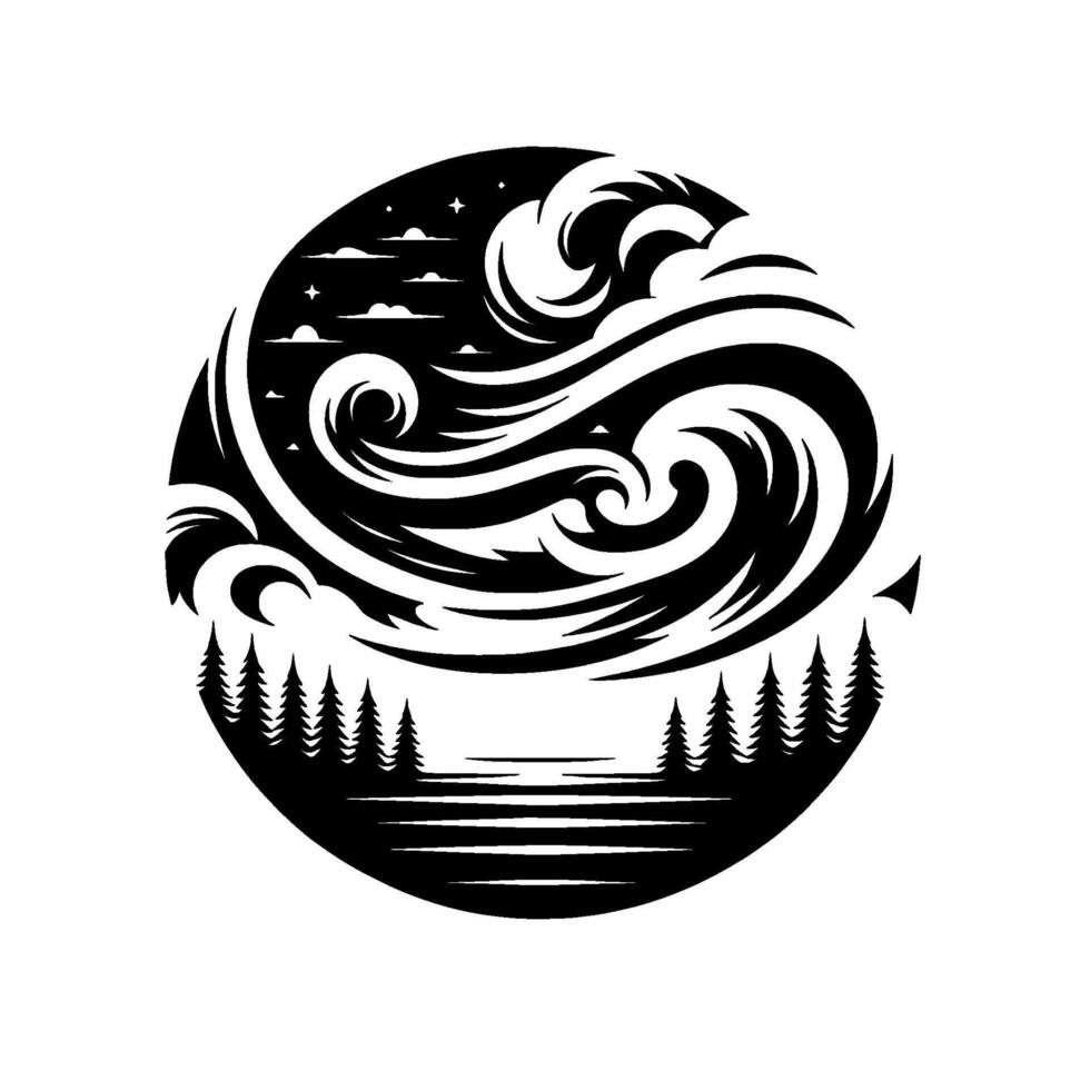 Black and white circle illustration stylized forest, lake, swirling clouds, starry sky, decorative nature design. vector