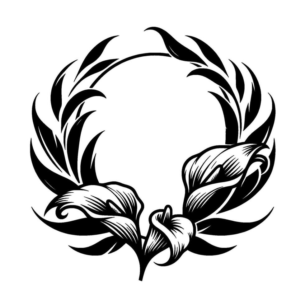Elegant black and white floral wreath artistic depiction of calla lilies and laurel leaves in a symmetrical, decorative arrangement. vector