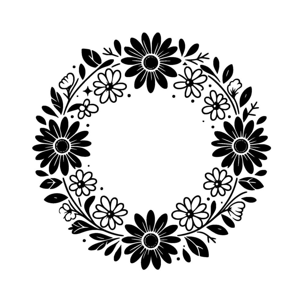 Intricate black and white floral wreath with daisylike blossoms, leaves, and subtle dot accents. vector