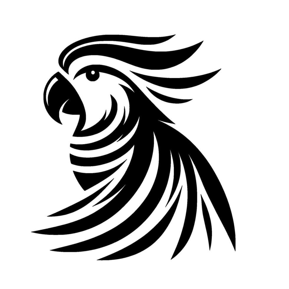 Striking monochrome parrot logo bold black white of exotic bird profile with feather accents on white background. vector