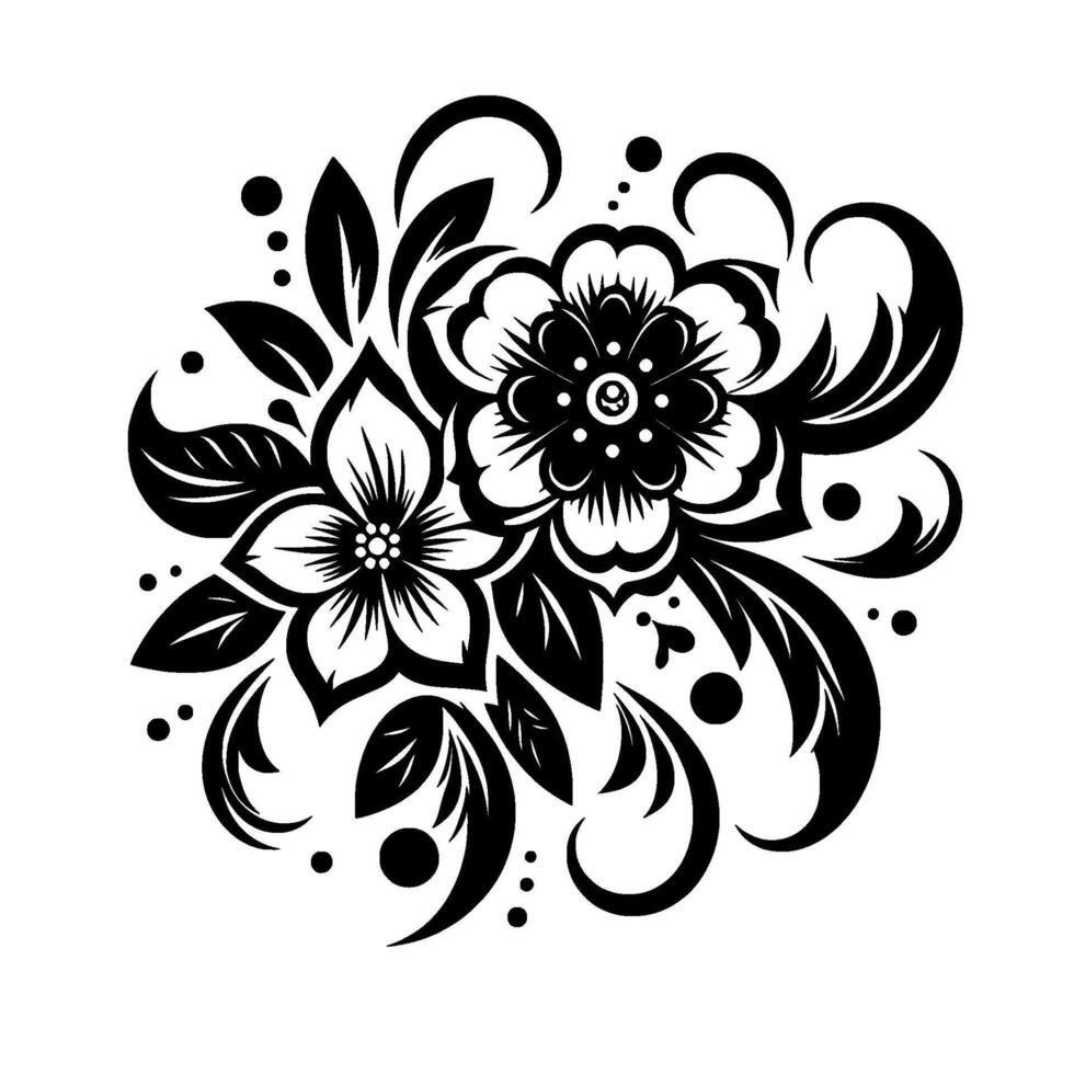 Intricate black and white floral design, detailed with petals, leaves, swirls, and dot accents on a white background. vector