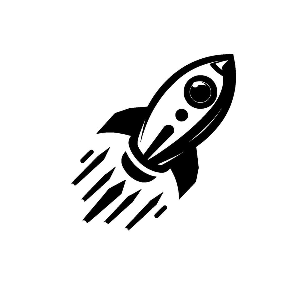 Black and white stylized rocketship blasting off with motion blur trails against a clean white backdrop, evoking progress. vector