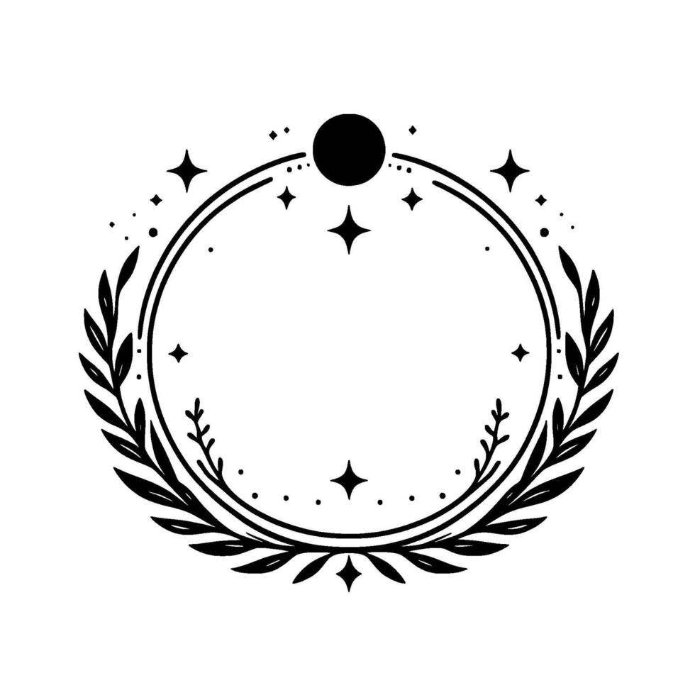 Minimalist circular celestial design a black and white laurel wreath, stars, and a central moon element on a plain white background. vector