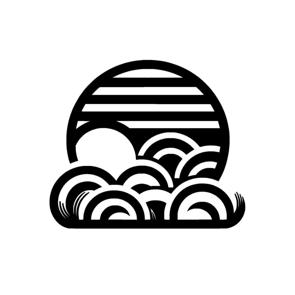 Abstract black and white depicting a sunset over swirling cloud shapes with striped circular sun. vector