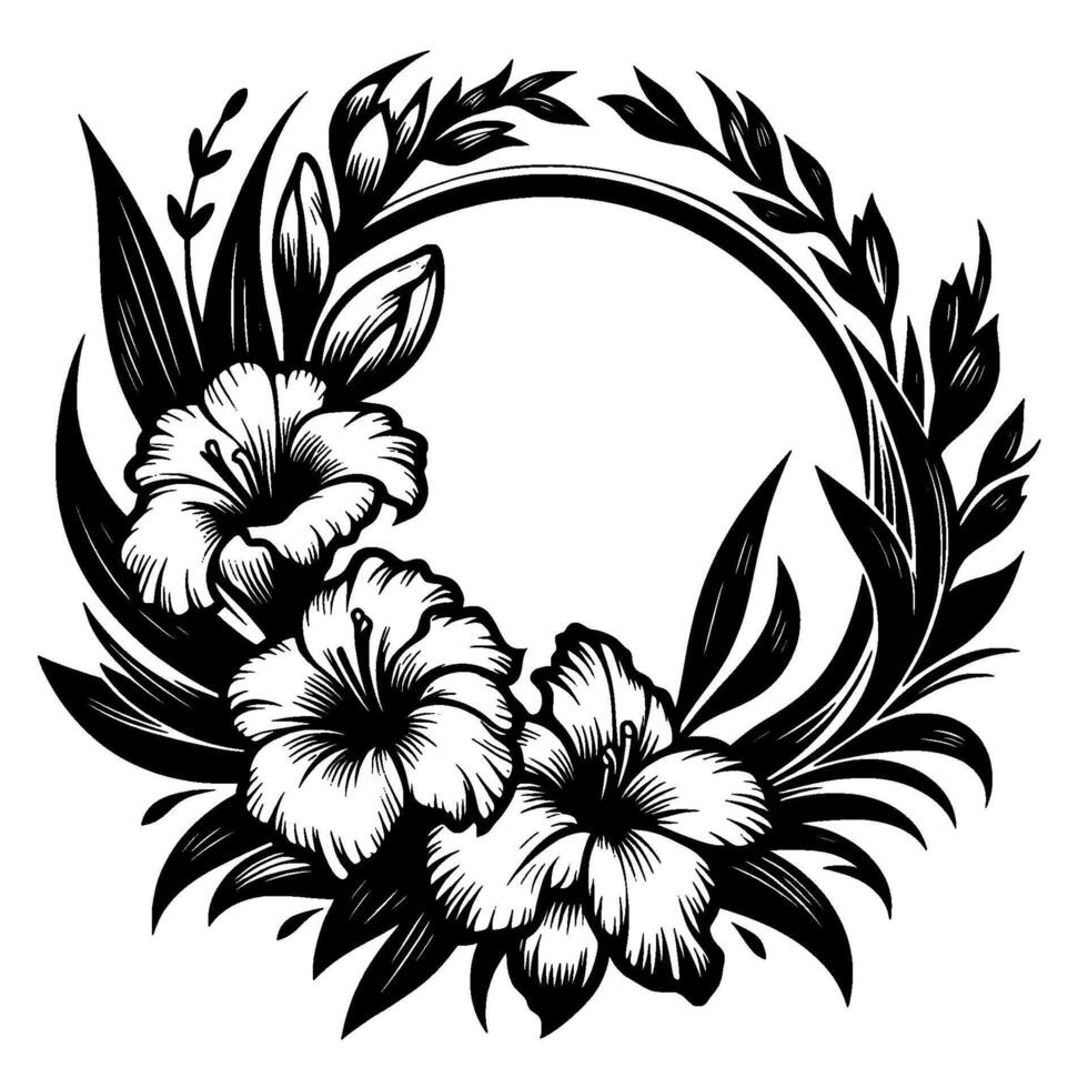Black and white floral design, hibiscus blooms and leaves encircling a central ring, elegant, decorative illustration. vector