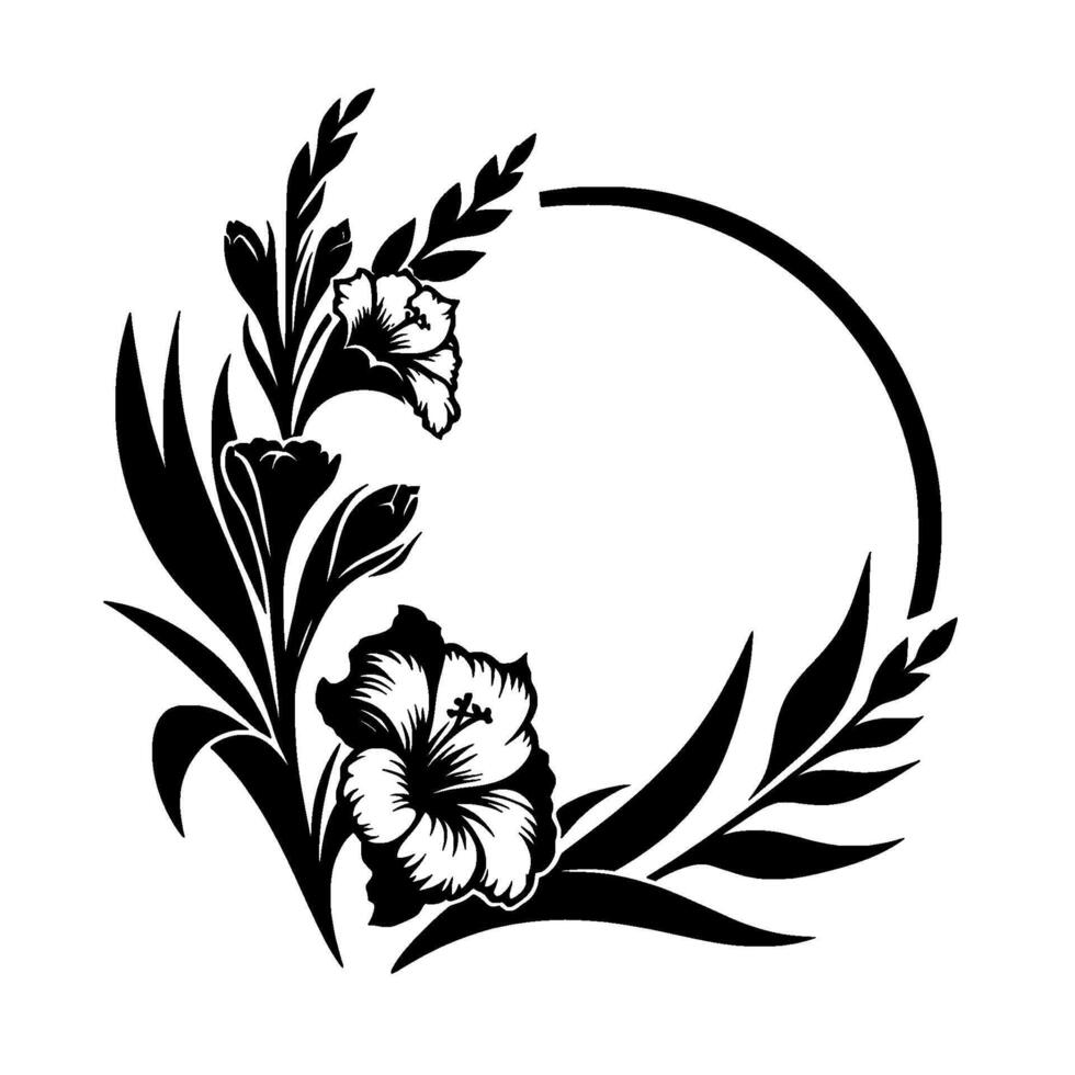 Elegant black and white floral design circular frame with hibiscus and bud embellishments, featuring leafy accents. vector