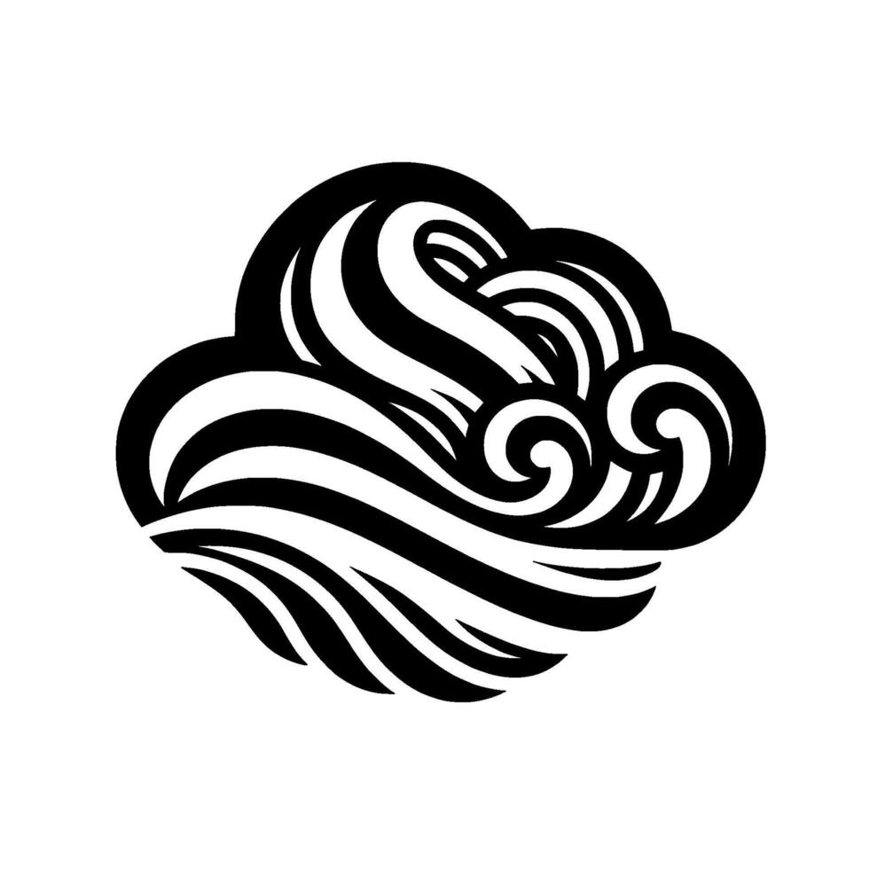 Stylized black and white cloud featuring swirling lines and rounded forms on a clean white background. vector