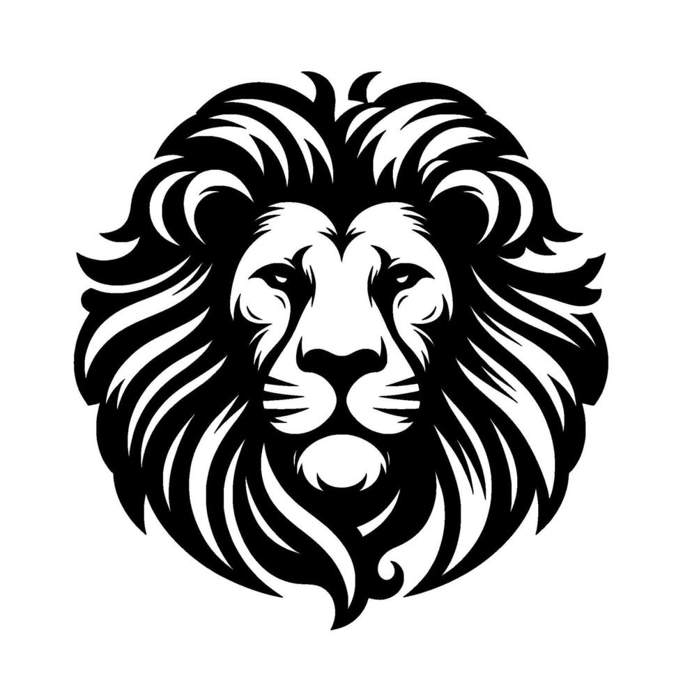 Majestic lions head, bold black white graphic, featuring intricate mane details, regal expression, pure white backdrop. vector