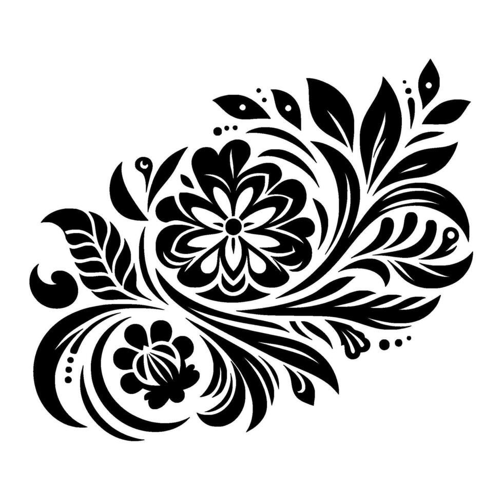 Black floral pattern on white background symmetrical arrangement of detailed flowers, leaves, and swirls. vector