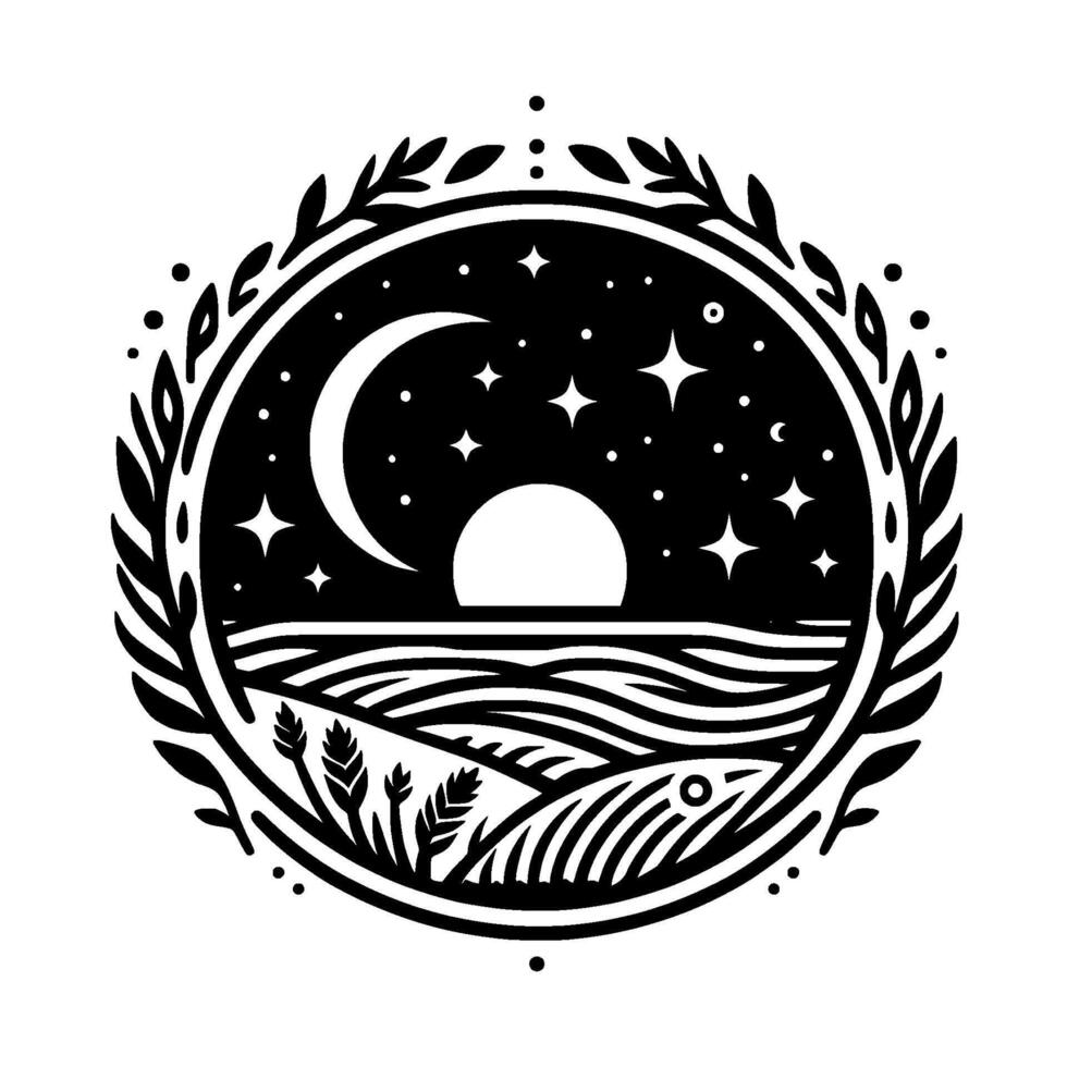 Intricate black and white circle illustration moonlit night sky over a serene landscape, framed by foliage. vector