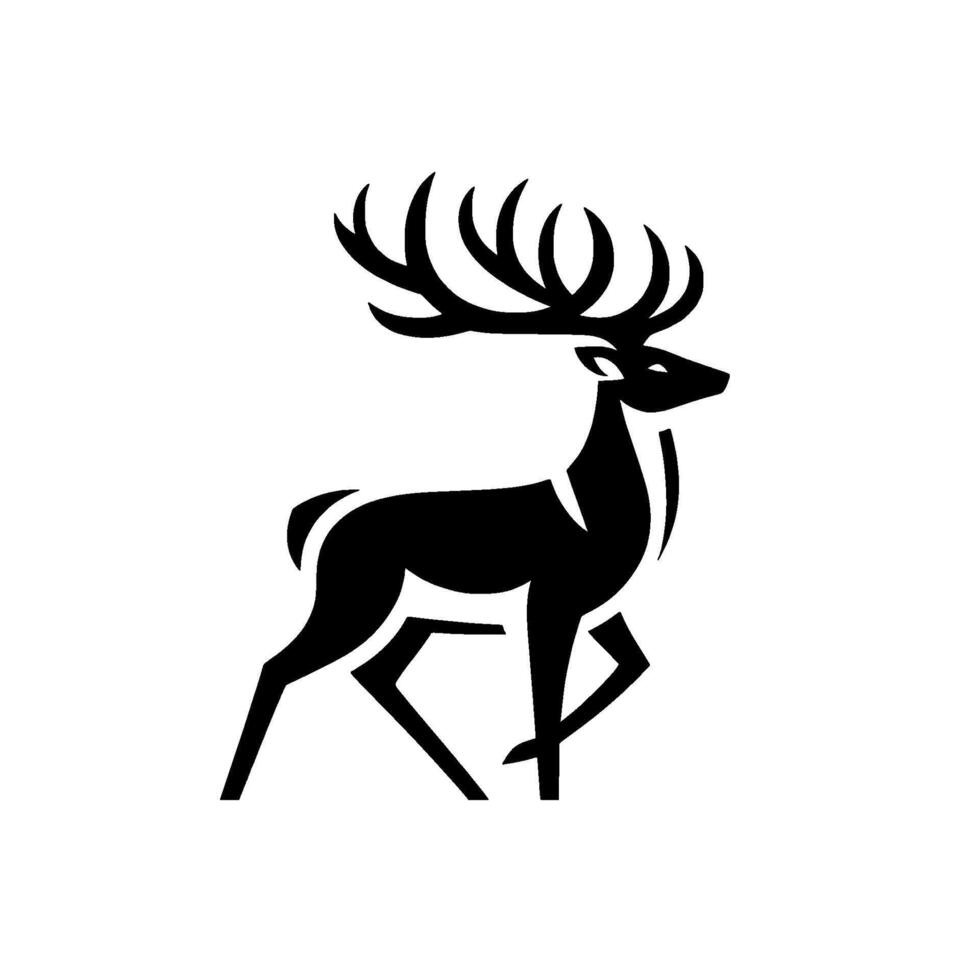Stylized black deer silhouette on white background, bold antlers, minimalist aesthetic, isolated stag profile, geometric design. vector