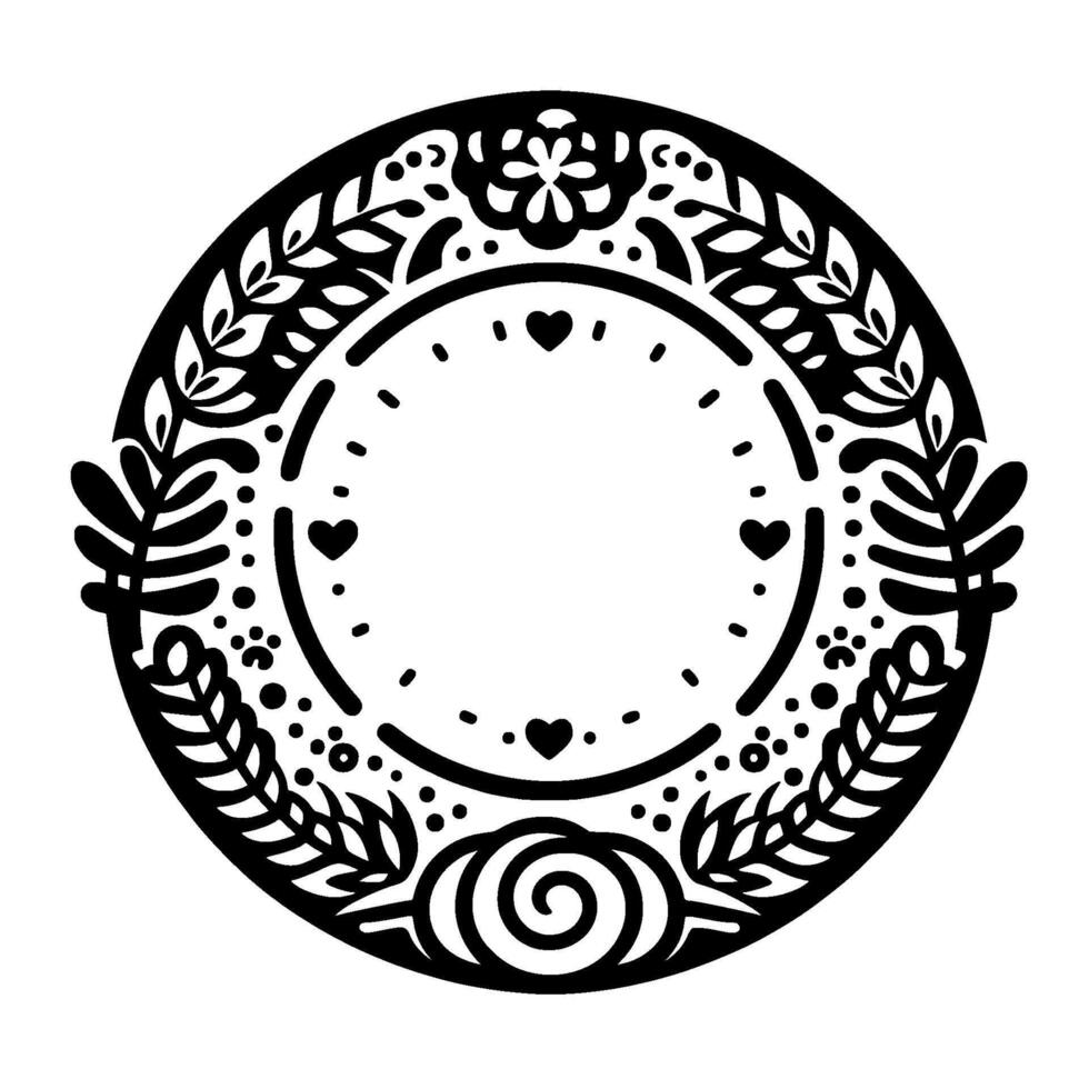Circular black and white botanical frame with floral and leafy border, hearts, and decorative elements. vector
