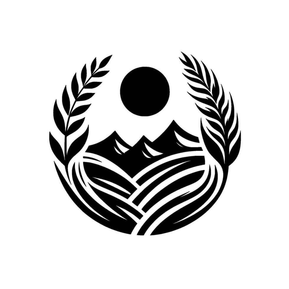 Monochrome circular emblem featuring stylized mountains, sun, farmland, and wheat stalks, evoking agricultural prosperity, framed in a symmetrical design. vector