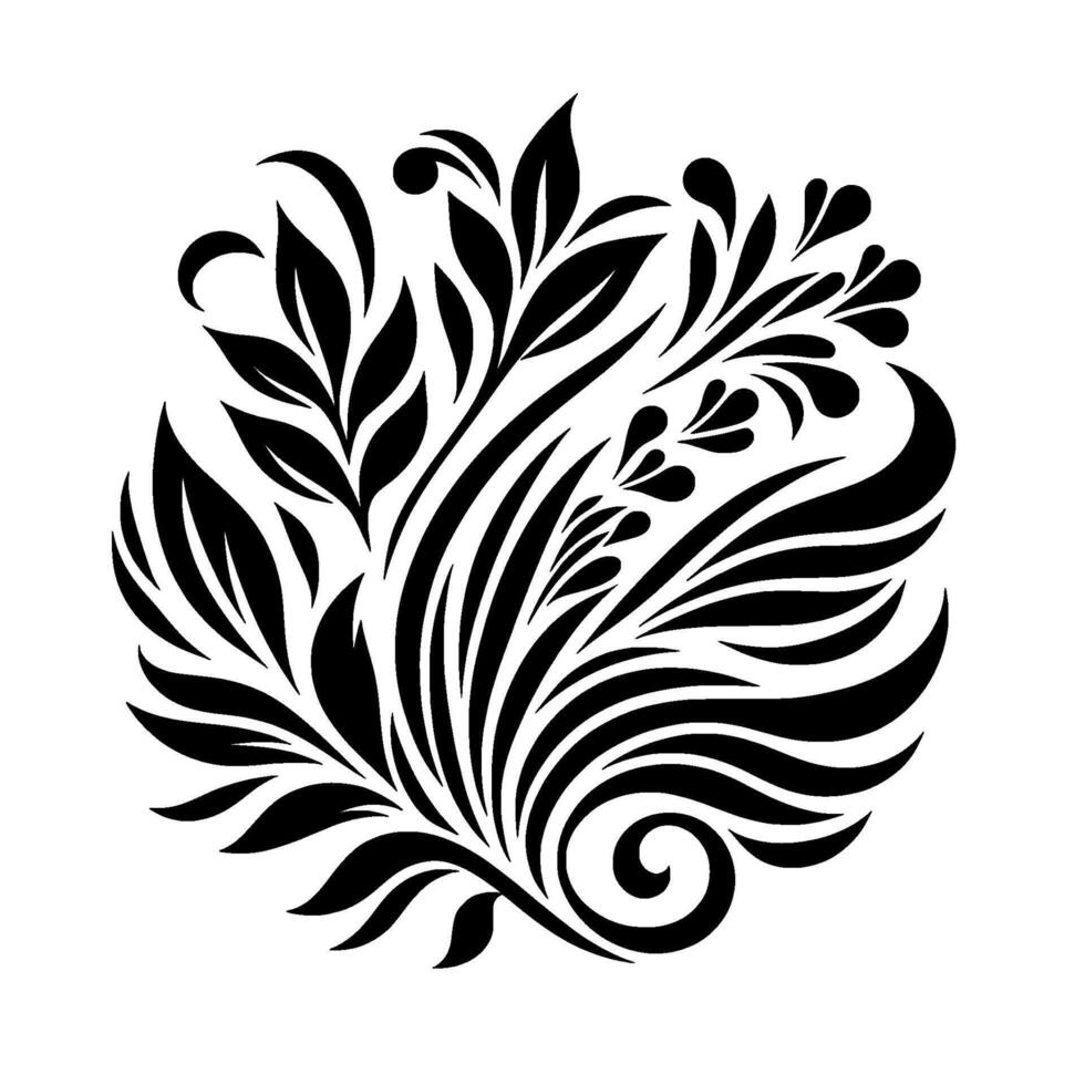 Abstract black floral against a white background, featuring flowing lines and leaves. vector