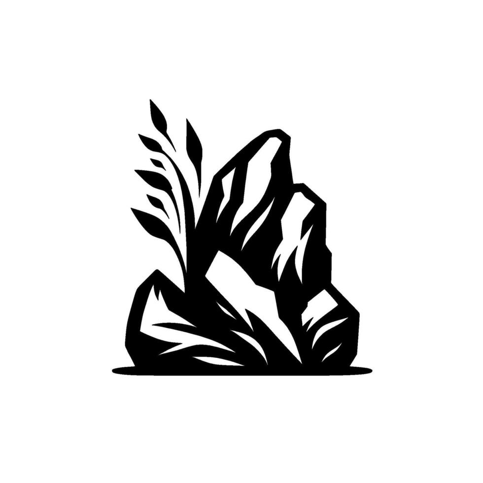Stylized black and white illustration of a rock formation with plant life, minimalist and symbolic. vector