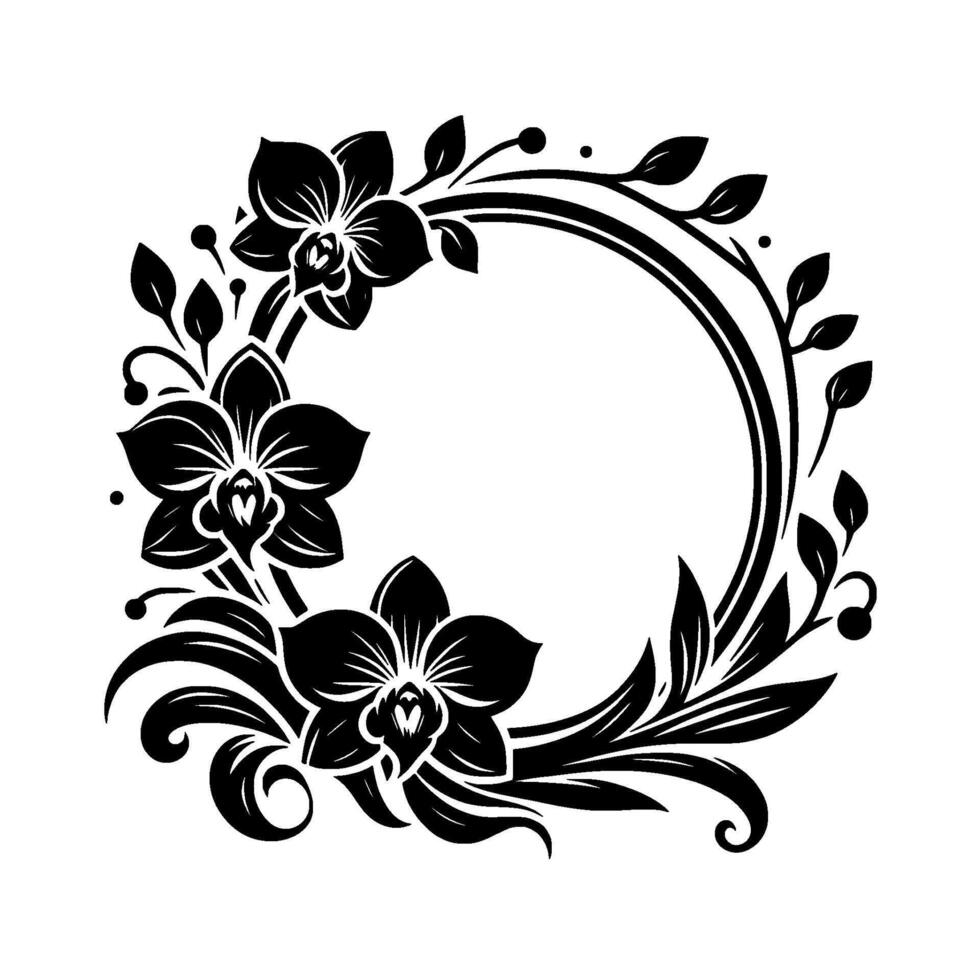 Elegant black and white orchid wreath with a circular frame, perfect for invitations and decorative designs. vector