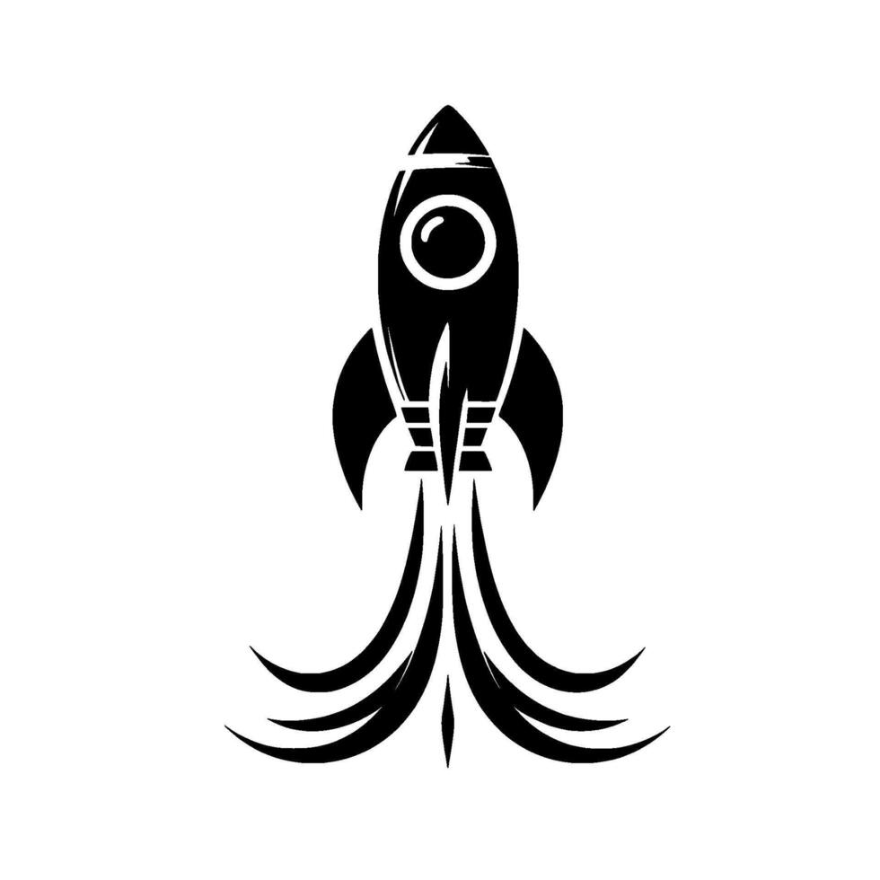 Minimalist black and white illustration of a retrostyled rocket ship launching upwards with stylized exhaust trails against a clean white background. vector
