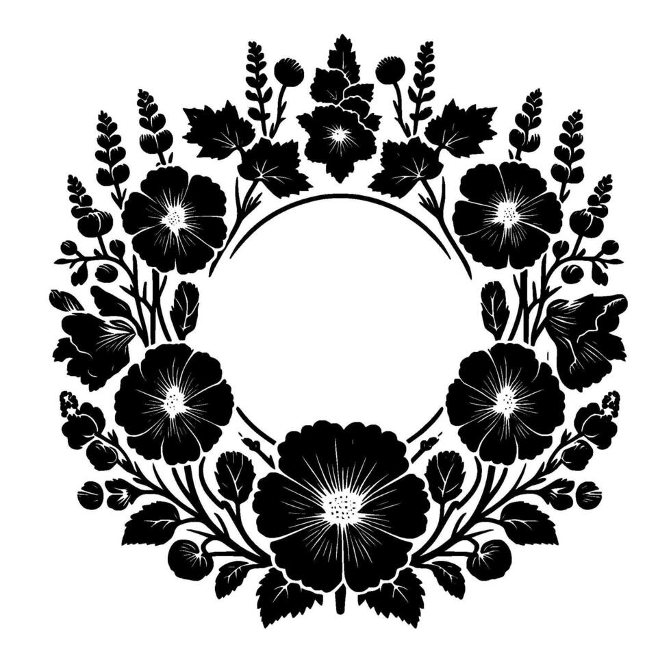 Elegant black and white floral wreath with empty circle center, decorative flower and leaf border on white backdrop vector